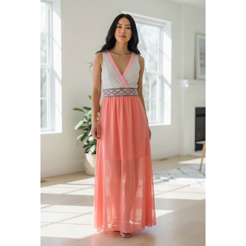 Flying Tomato Women Coral Pink Lace V-Neck Embroidered Maxi Dress Small